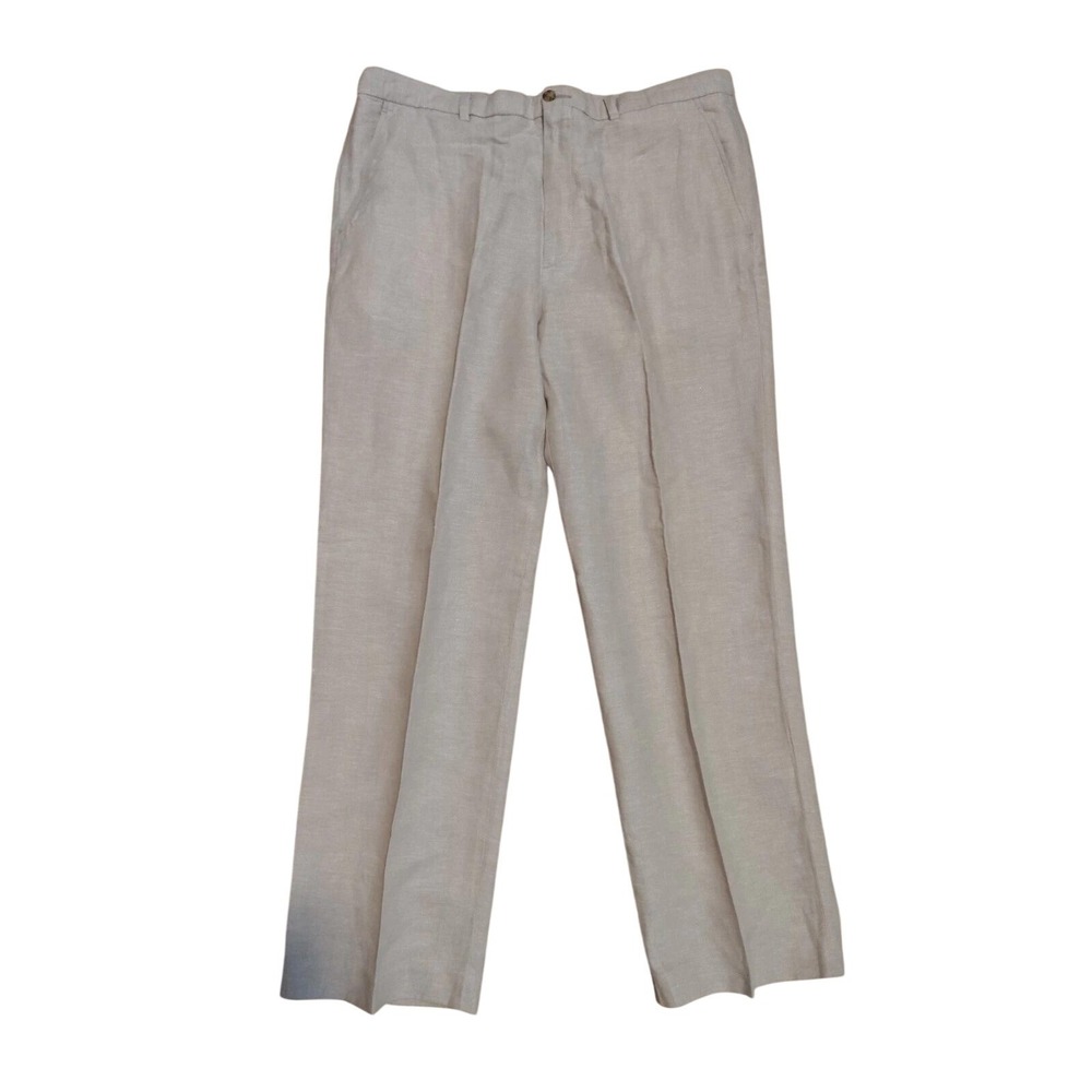 Perry Ellis Portfolio Linen Pants Mens Beige Tan Relaxed Straight Coastal Dress